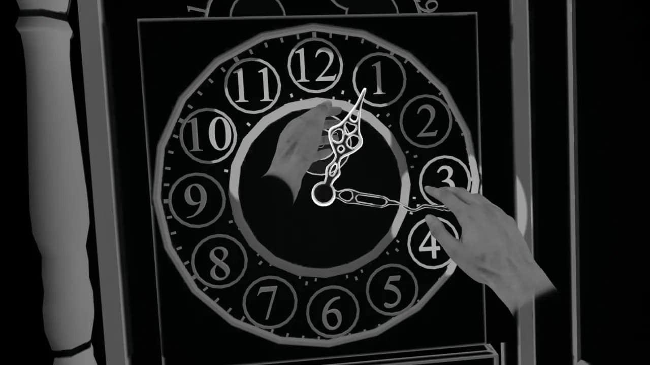 Hands interacting with a clock in a puzzle scene from the VR game Blind.