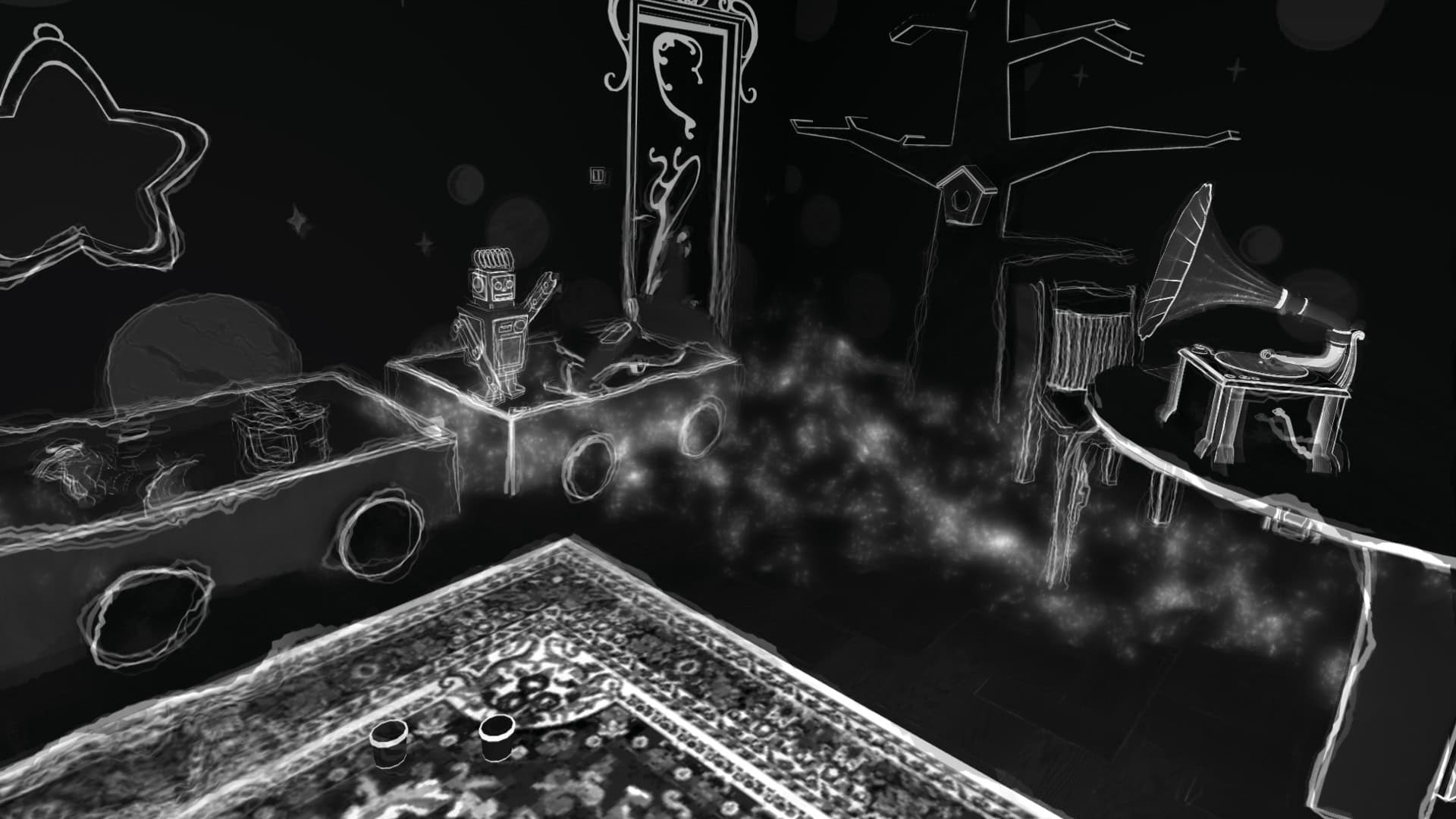 Gameplay environment from the VR game Blind featuring a monochromatic room with various objects outlined in white.