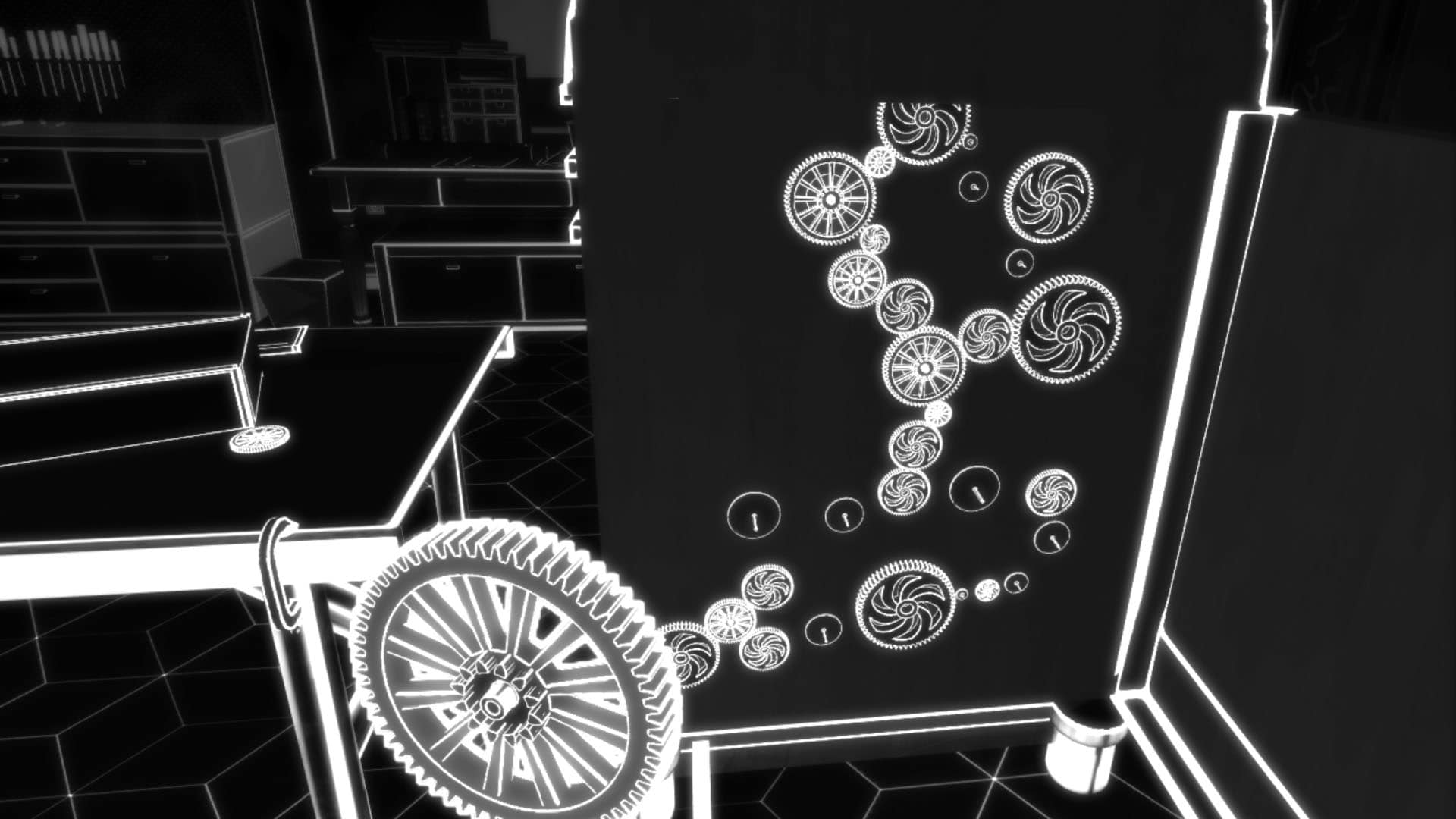 Gears puzzle in the VR game Blind, featuring various interconnected gears in a monochromatic environment.