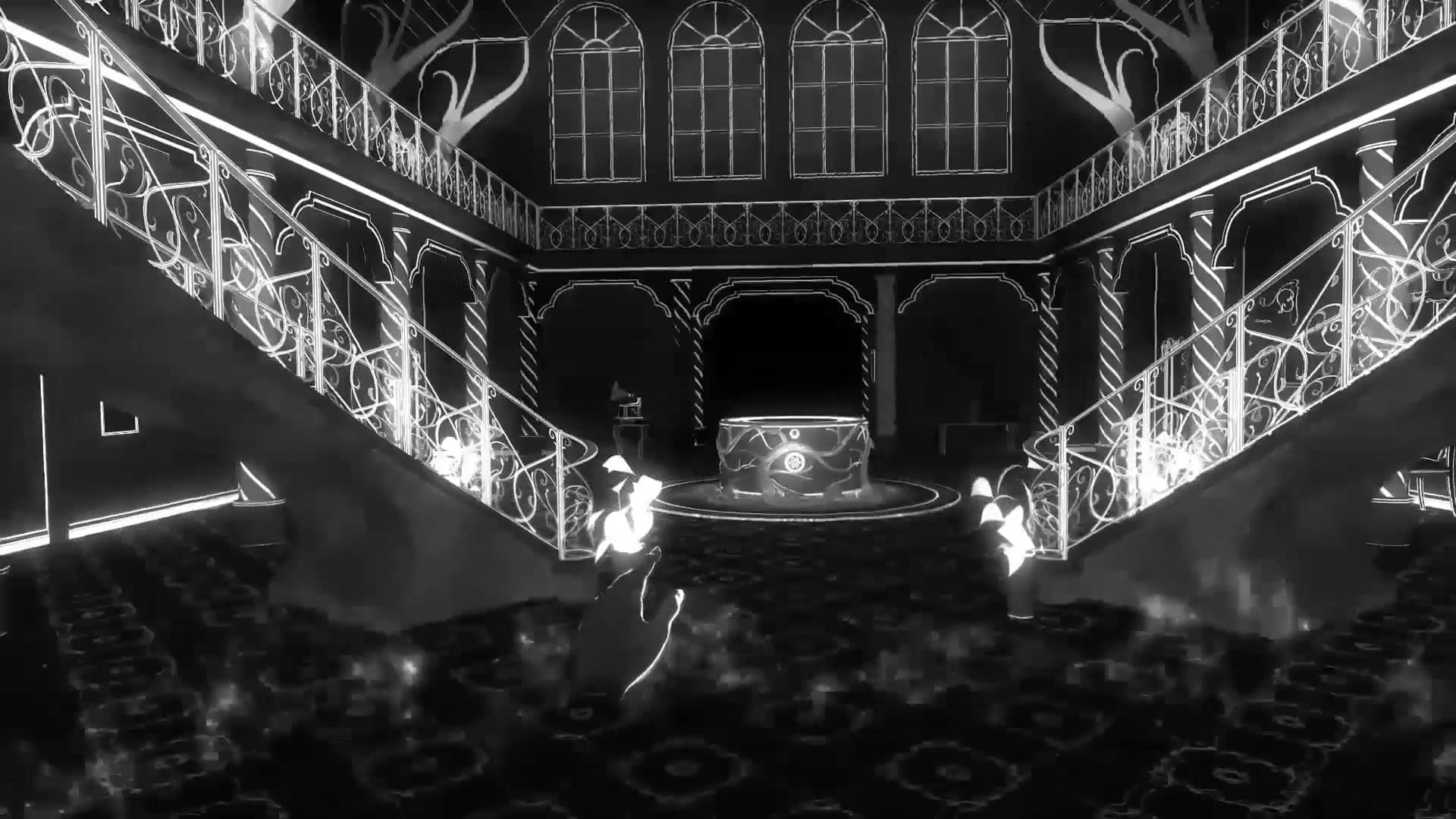 Interior of a mansion in the VR game Blind, featuring grand staircases, intricate railings, and a large hall.