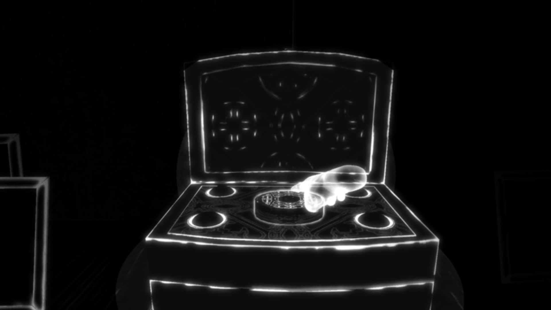 Music box puzzle in the VR game Blind, showing a glowing hand interacting with the box in a dark environment.
