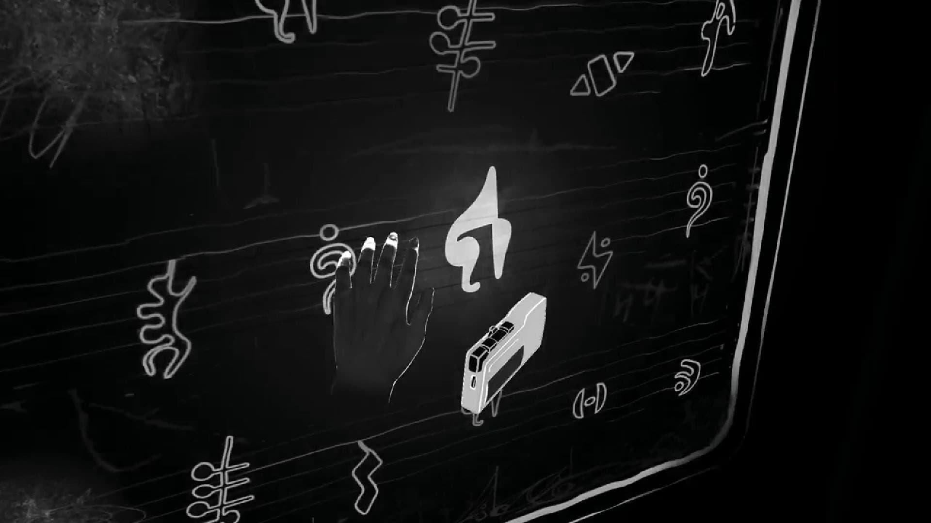 Musical symbols puzzle in the VR game Blind, featuring a hand interacting with various symbols on a dark background.