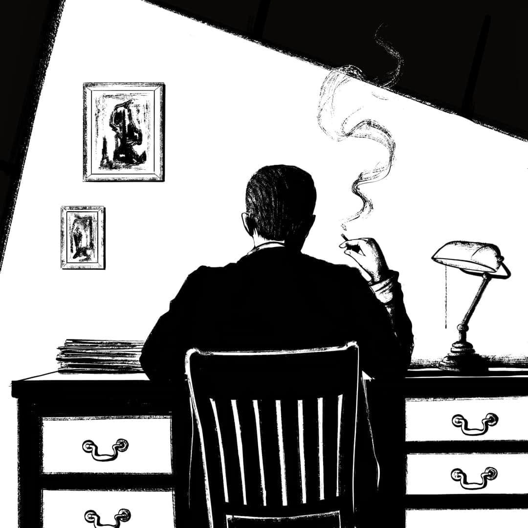 Cover image for the game book Omen Exitio: Hunger, showing a man sitting at a desk, smoking, with artwork on the wall.