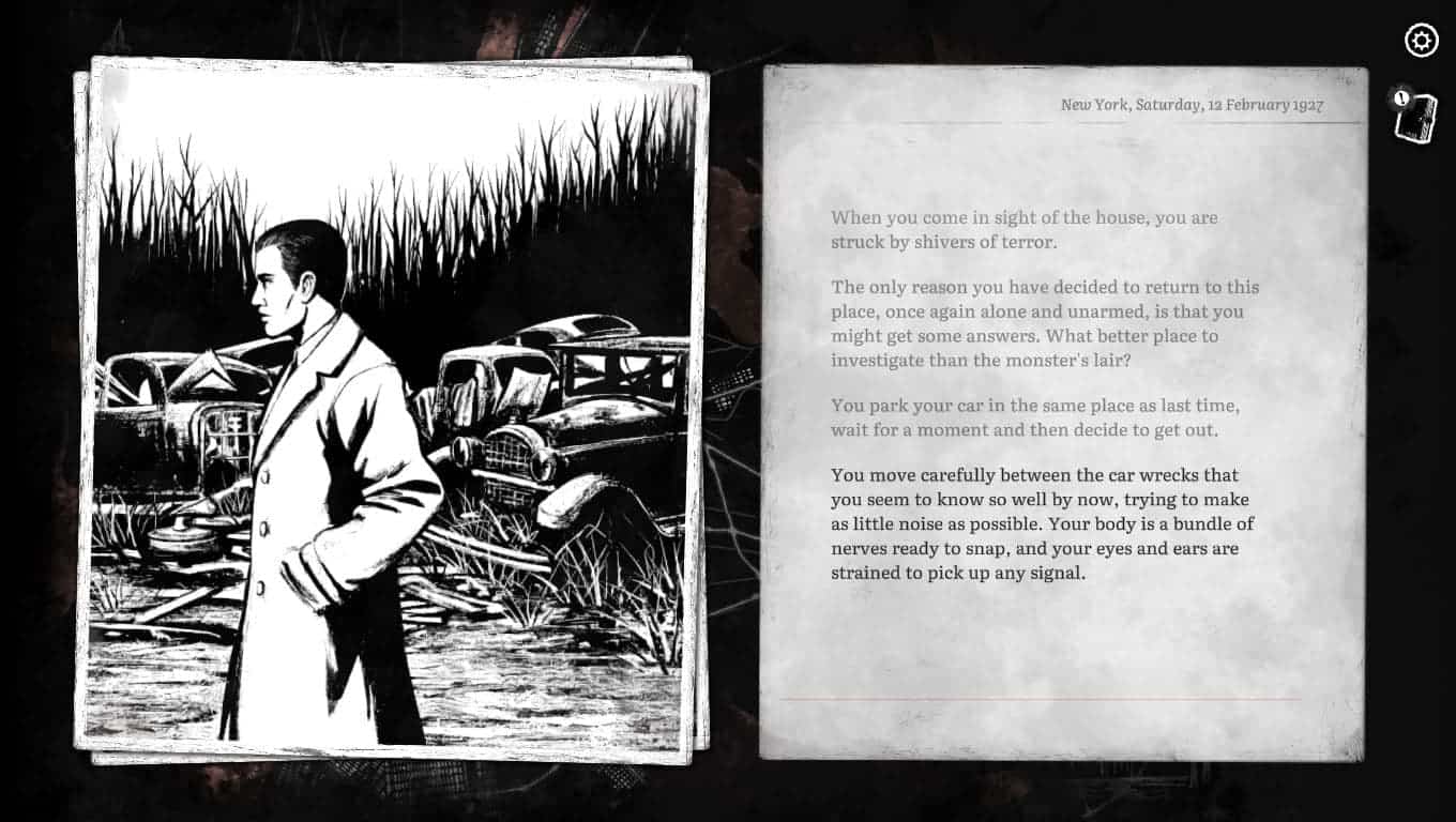 Scene from the game book Omen Exitio: Hunger, featuring a man in a trench coat standing among car wrecks with narrative text.