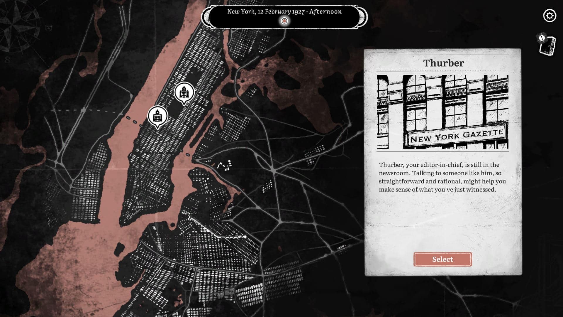 Map scene from the game book Omen Exitio: Hunger, showing locations in New York and a description of the character Thurber.
