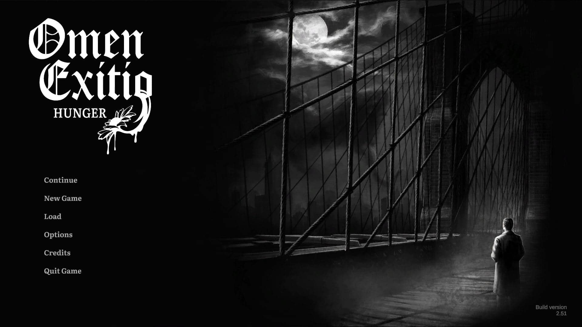 Game menu for Omen Exitio: Hunger, showing a bridge at night with a full moon and a lone figure standing on the bridge.