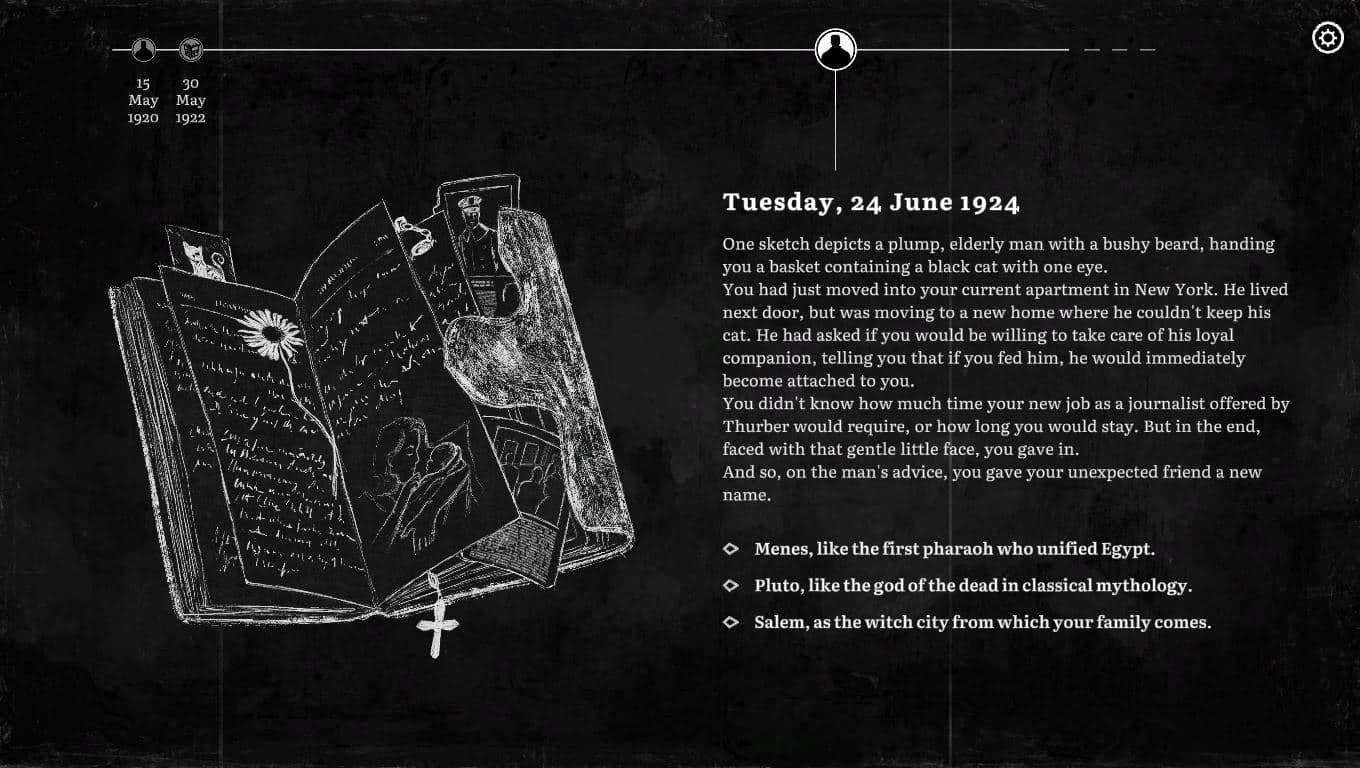 Story scene from the game book Omen Exitio: Hunger, featuring an open journal and narrative text about a man and a black cat.