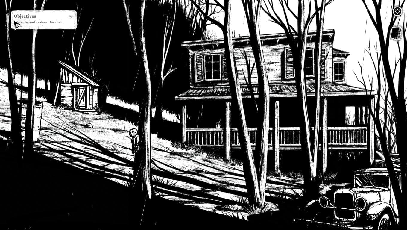 Hidden object scene from the game book Omen Exitio: Hunger, showing a house in the woods with a car in front and a character searching.
