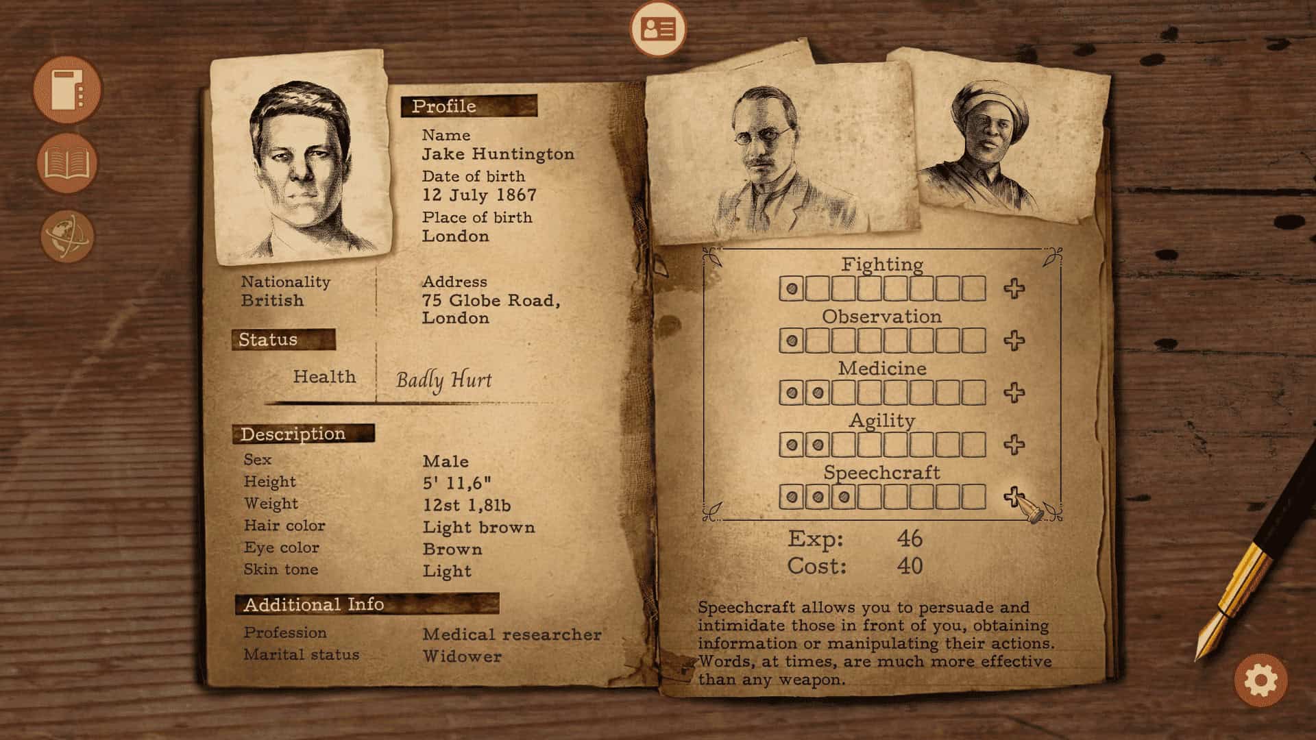 Character profile of Jake Huntington from the game Omen Exitio: Plague, showing personal details, health status, attributes, and skills.