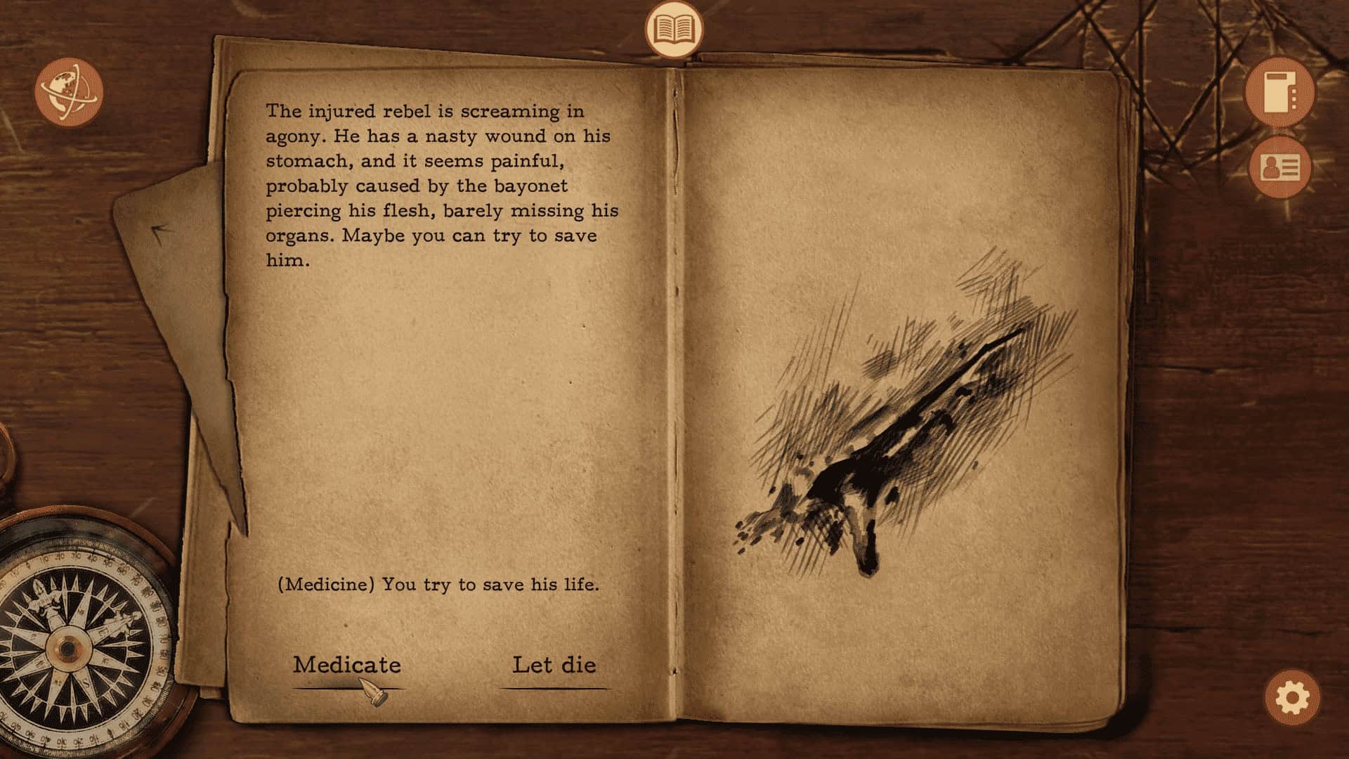 Game scenario from Omen Exitio: Plague depicting a choice to either medicate or let an injured rebel die.
