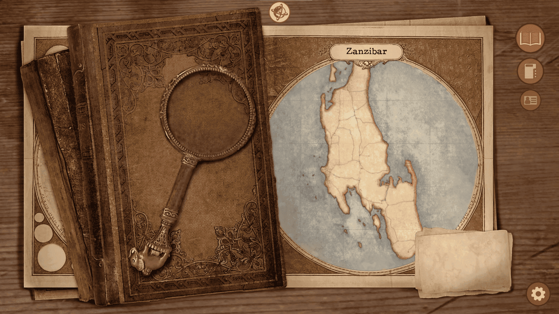Map of Zanzibar from the game Omen Exitio: Plague, displayed alongside an antique book and magnifying glass.