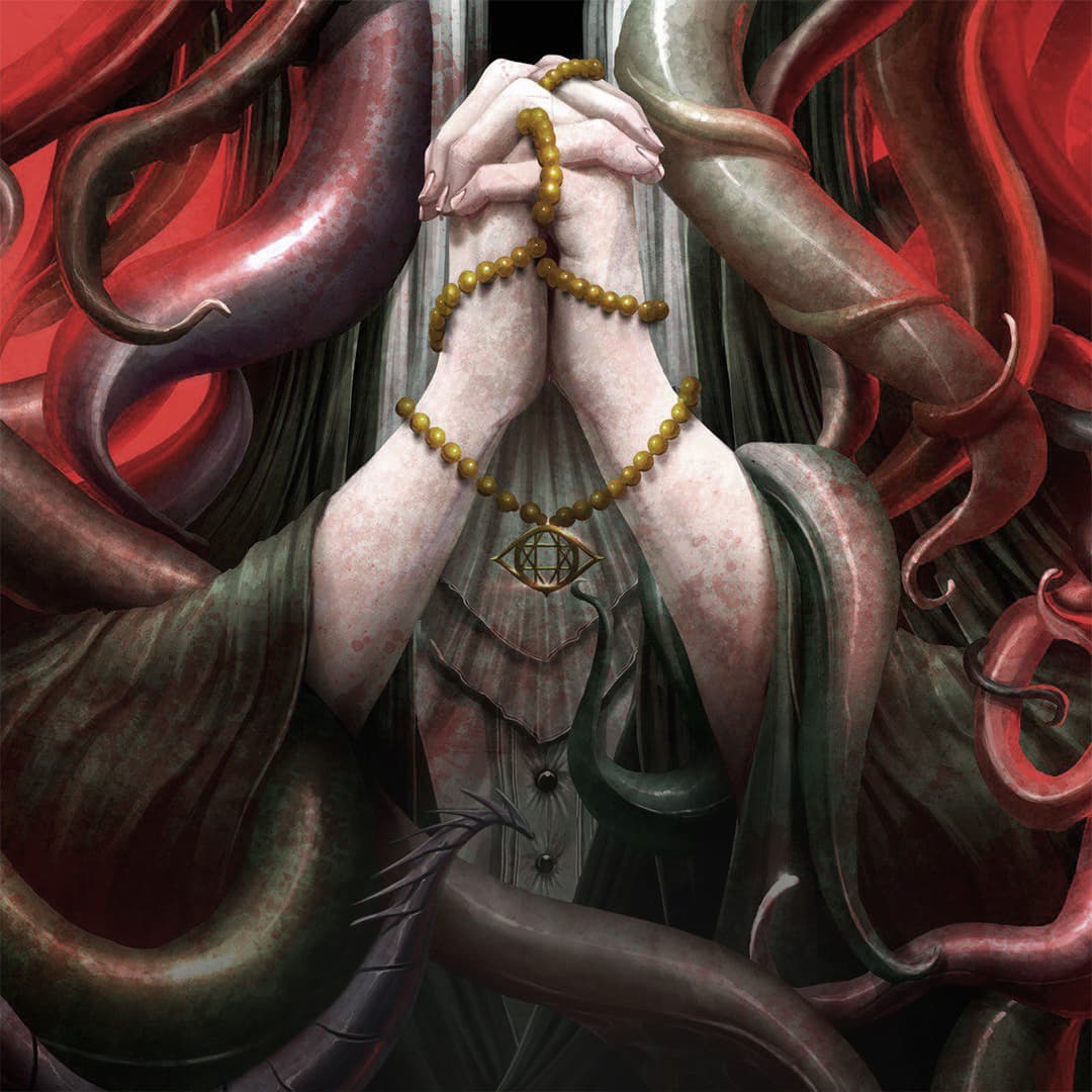 Omen Exitio: Plague game book cover art featuring intertwined hands holding a rosary with a mystical eye symbol surrounded by tentacles.