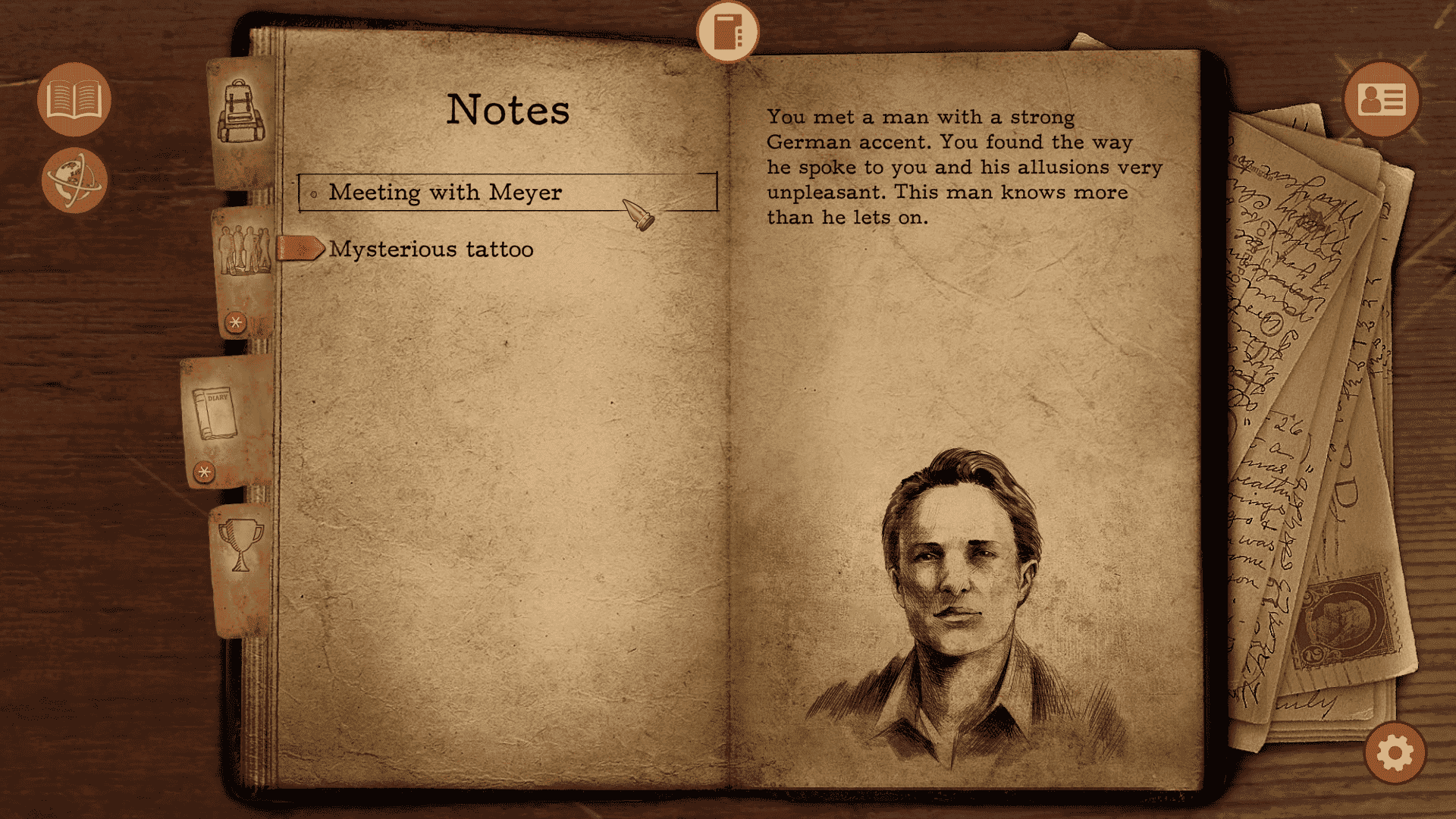 otes from the game Omen Exitio: Plague, featuring a meeting with Meyer and a sketch of a man.